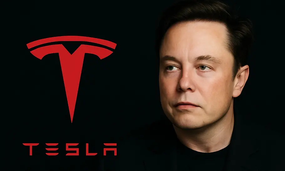 Elon Musk vor dunklem Hintergrund, daneben das Tesla-Logo (KI-generiert).