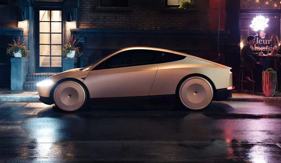 Tesla Robotaxi Das Tesla Cybercab fahrend in einer dunklen Umgebung.