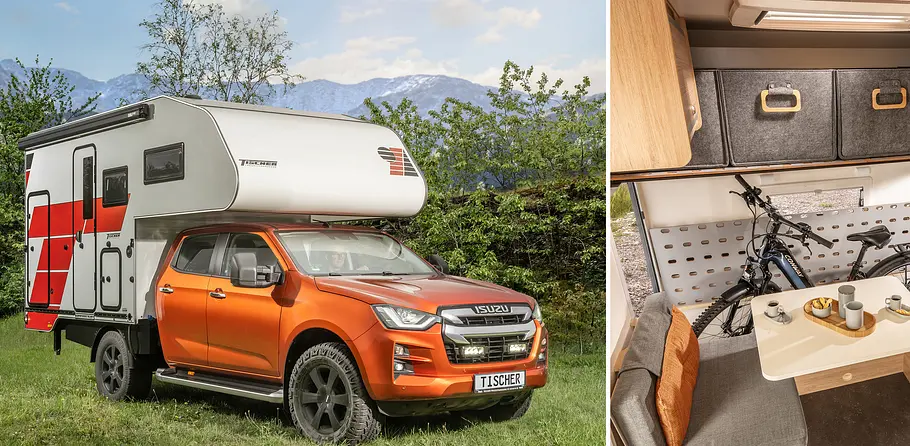 Die Collage zeigt den Tischer 260 SP Flatbed (2026) mit Wohnkabine in der Außenansicht von schräg vorn und von innen.