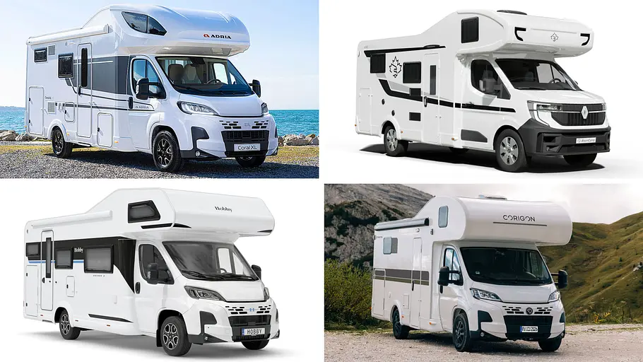 Top-6 Alkoven-Wohnmobile für sechs Personen Die Collage zeigt vier Alkoven-Wohnmobile für sechs Personen.