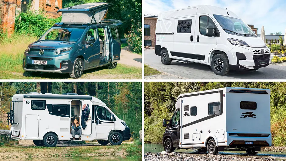 Top-8 kleine Wohnmobile für zwei Personen Die Collage zeigt vier kleine Wohnmobile für bis zu zwei Personen.