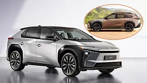 Der Toyota bZ4X stehend von schräg vorne fotografiert, eingeklinkt oben rechts im Bild ist der Toyota bZ4X Touring von der Seite zu sehen. - Foto: Toyota / Collage: AUTO ZEITUNG