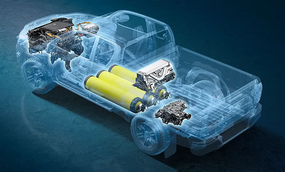 Toyota Hilux Brennstoffzelle (2022) Toyota Hilux Brennstoffzelle (2022), Darstellung der Brennstoffzellen im Auto