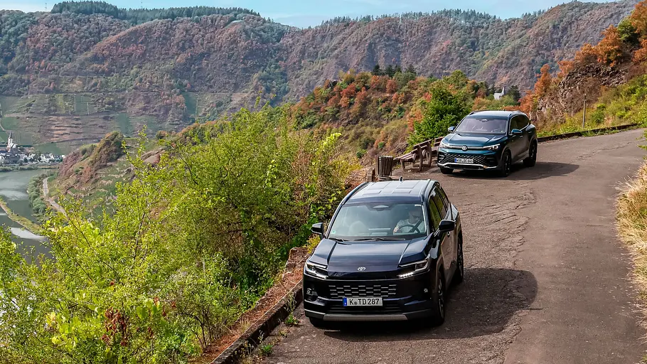 Toyota RAV4 und VW Tiguan im Vergleich Ein Toyota RAV4 und ein VW Tiguan stehen auf einer schmalen Hangstraße über einem Flusstal mit Weinbergen und einer Ortschaft.