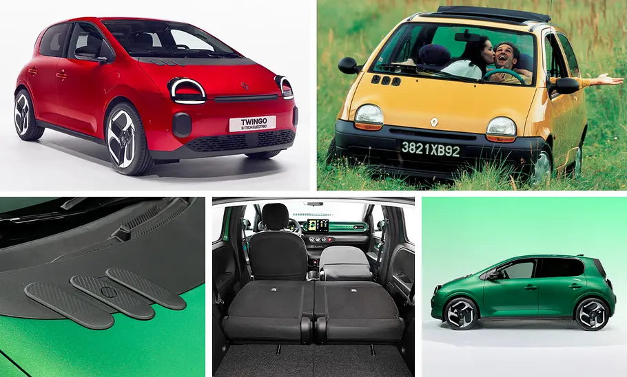 Eine Collage zeigt Außen- und Detailaufnahmen des Renault Twingo E-Tech Electric und der ersten Twingo-Generation.