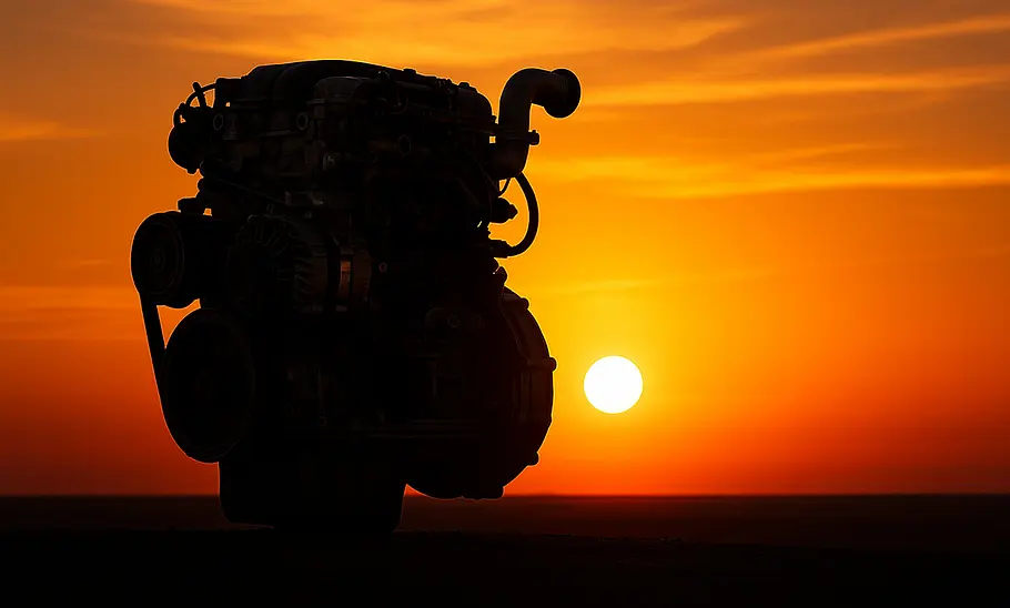 Die Silhouette eines Verbrennungsmotors steht vor einem Horizont, an dem die Sonne untergeht.