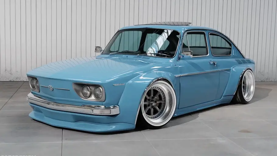 Das VW 1600 TL Widebody Rendering statisch von schräg vorne links in Hellblau.