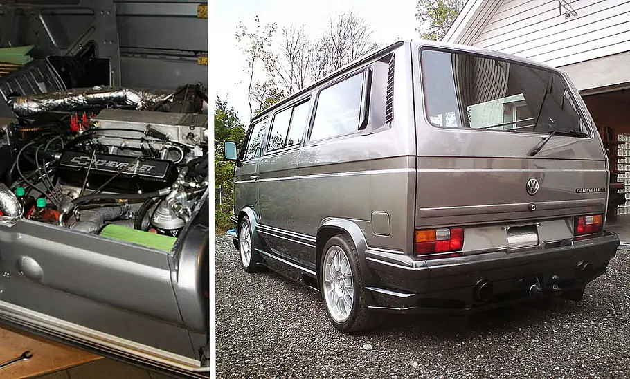 VW T3 Caravelle von Lindvall & Koolart Die Collage zeigt den VW T3 Caravelle von Lindvall & Koolart stehend von schräg hinten sowie den Innenraum mit dem Corvette-Motor.