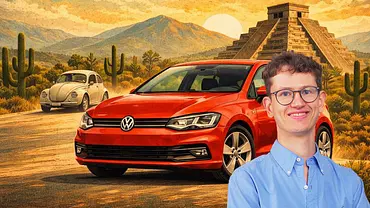 Collage mit dem VW Golf und Redakteur Tim Neumann - Foto: AUTO ZEITUNG/KI-generiert