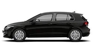 Der VW Golf steht vor weißem Hintergrund, von links abgebildet. - Foto: Carwow