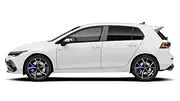 Der VW Golf R steht vor weißem Hintergrund, von links abgebildet. - Foto: Carwow