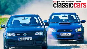 VW Golf R32 DSG und Subaru Impreza WRX STi fahrend von vorne fotografiert. - Foto: Willy Bister