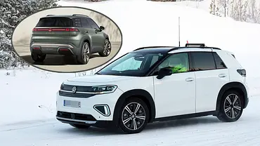 Blick von schräg vorne auf den VW ID. Cross (2026); Bildmontage mit dem VW ID. Cross Concept. - Foto: SH Proshots/VW/Collage: AUTO ZEITUNG