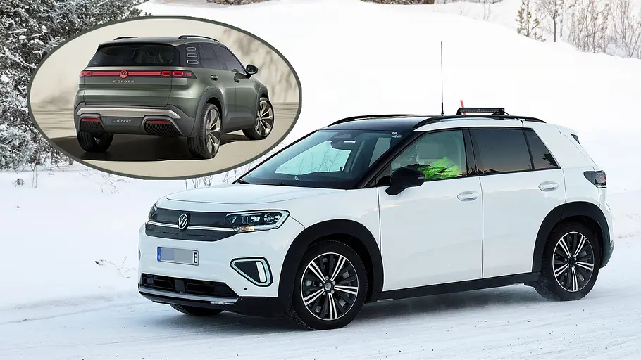 Blick von schräg vorne auf den VW ID. Cross (2026); Bildmontage mit dem VW ID. Cross Concept.