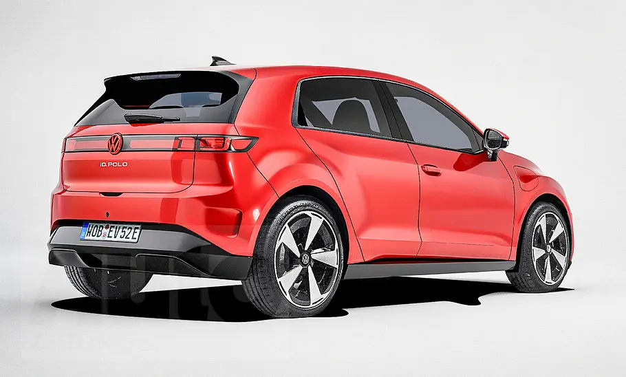 Der VW ID. Polo (2026) in Studioumgebung von schräg hinten.