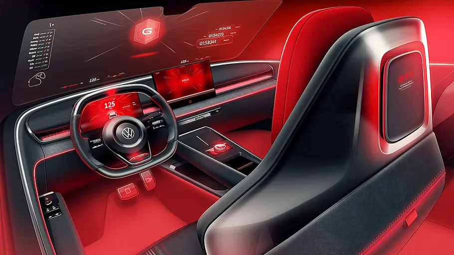 Eine Skizze zeigt das Interieur des VW ID. GTI Concept (2023), die Sportschalensitze von schräg hinten sowie das Cockpit.
