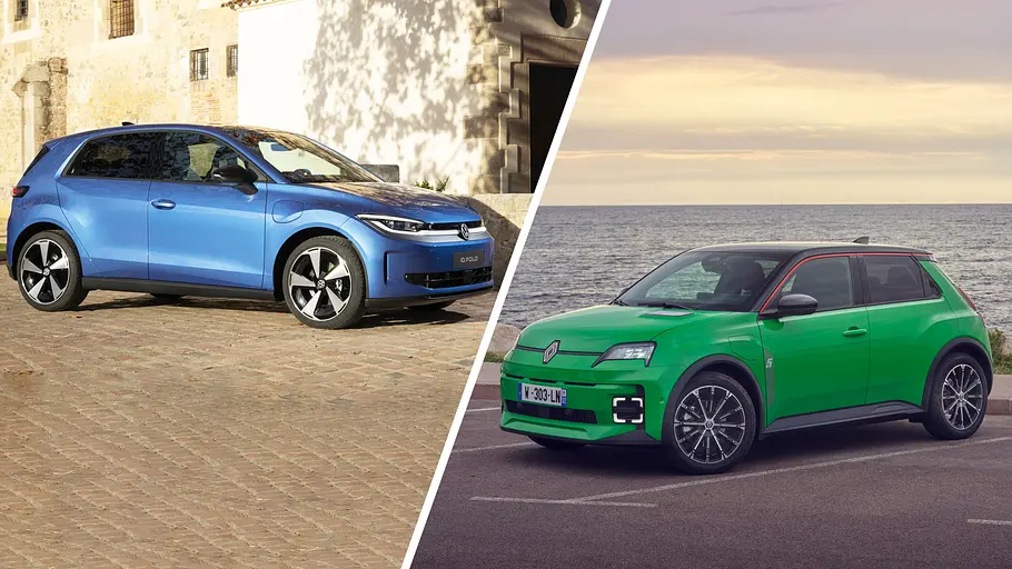 Eine Collage mit dem VW ID. Polo sowie dem Renault 5 E-Tech.