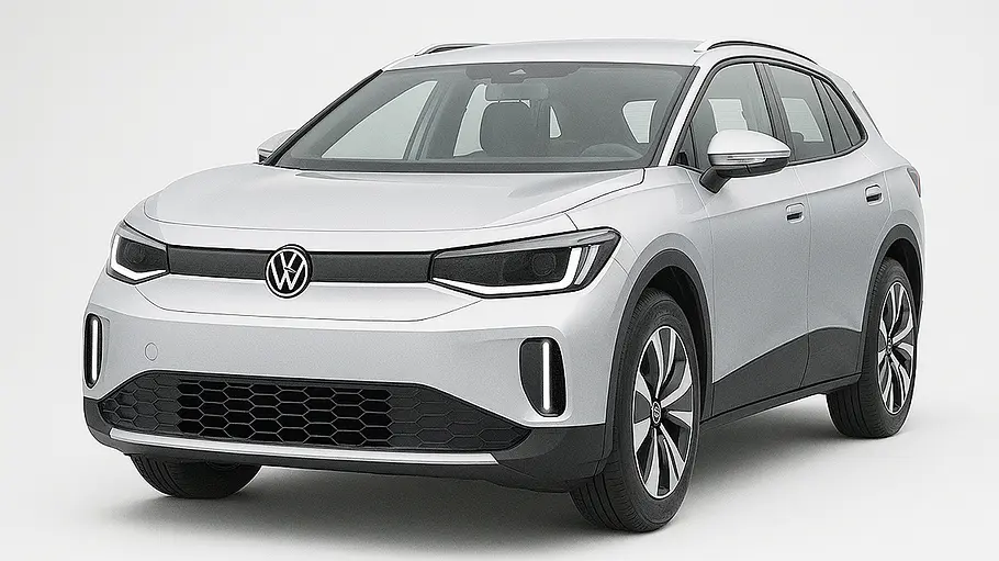 VW ID.4/ID. Tiguan Eine Computerillustration zeigt den VW ID.4 (2026) vor weißem Hintergrund, von vorne links abgebildet.