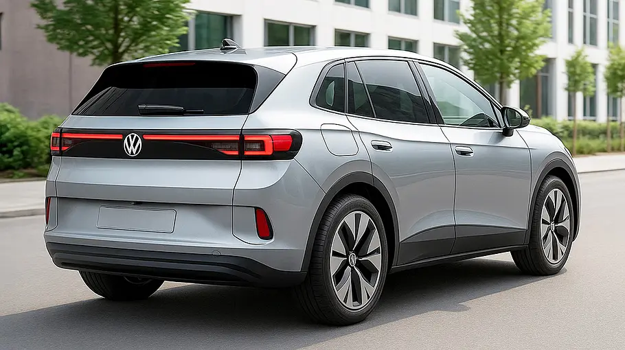 VW ID.4/ID. Tiguan Eine Computerillustration zeigt den VW ID.4 (2026) fahrend in einer Stadt, von hinten rechts abgebildet.