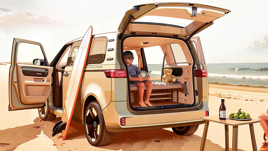 VW-Neuheiten auf dem Caravan Salon 2026 Die Skizze zeigt den VW ID. California Cruise.