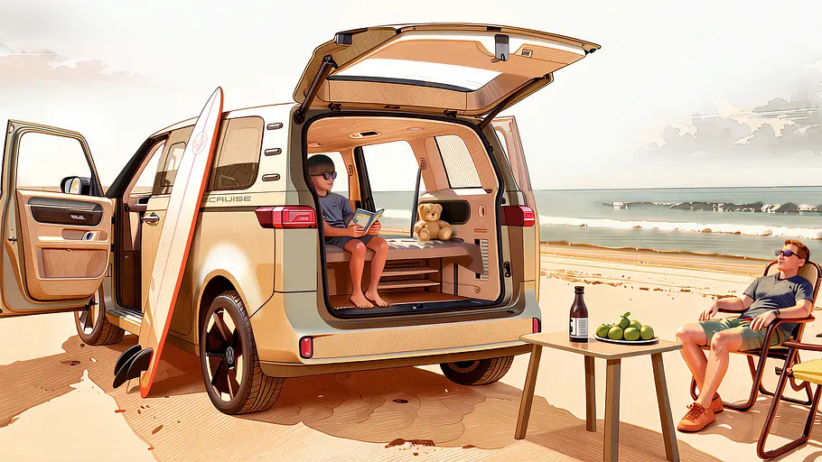 VW-Neuheiten auf dem Caravan Salon 2026 Die Skizze zeigt den VW ID. California Cruise.