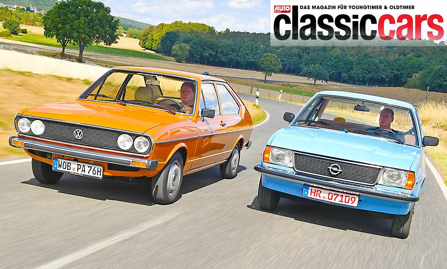 VW Passat B1/Opel Ascona B VW Passat B1/Opel Ascona B von vorne während der Fahrt fotografiert.