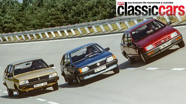 VW Passat CL, Ford Sierra 1,6 GL, Opel Ascona Berlina fahrend von vorne fotografiert.  - Foto: Willy Bister
