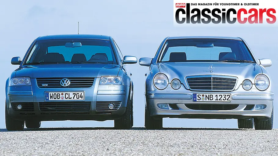 VW Passat W8/Mercedes E 430 statisch von vorne fotografiert. 