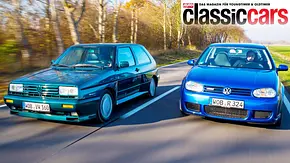 VW Rallye Golf syncro/VW Golf R32 4Motion fahrend von schräg vorne fotografiert.  - Foto: Klaus Huber-Abendroth