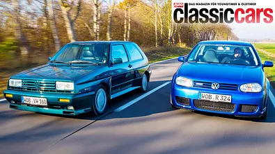 VW Rallye Golf syncro/VW Golf R32 4Motion fahrend von schräg vorne fotografiert.  - Foto: Klaus Huber-Abendroth