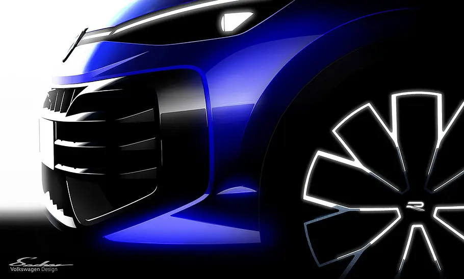 VW T-Roc R (2027) Eine Skizze zeigt einen Ausschnitt der Front des VW T-Roc R (2026) seitlich im Detail.