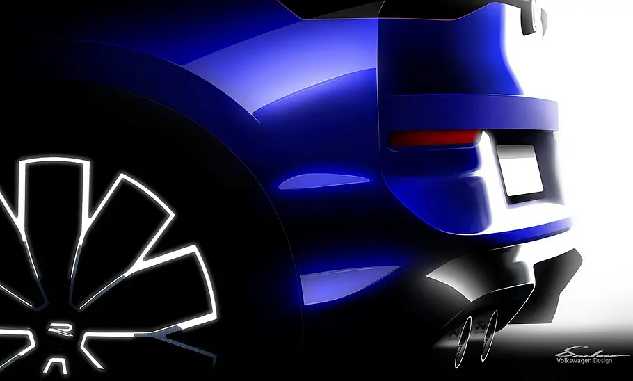 VW T-Roc R (2027) Eine Skizze zeigt einen Ausschnitt des Hecks des VW T-Roc R (2026) seitlich im Detail.