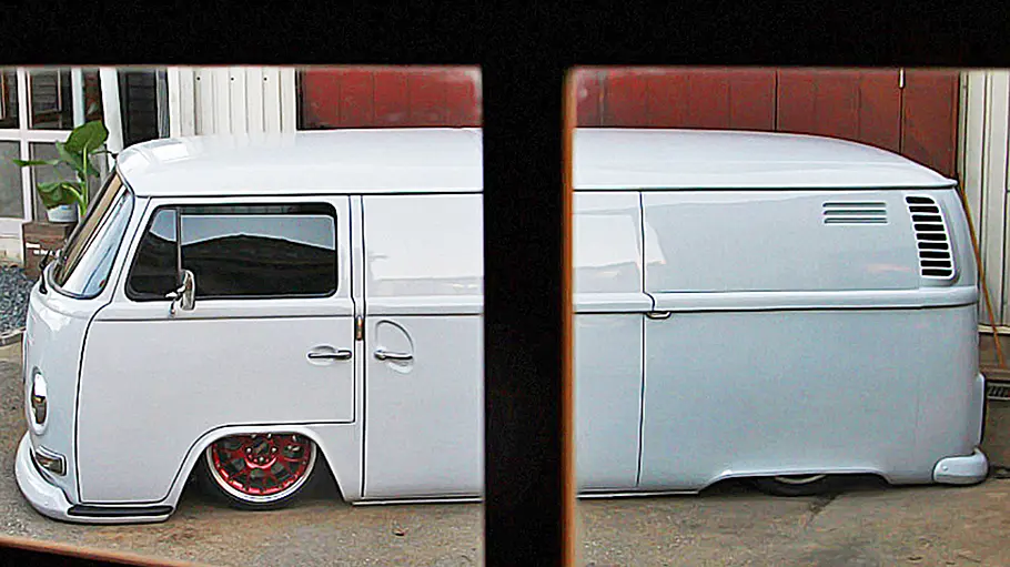 VW T2 Bulli mit Subaru-Motor Der VW T2 Bulli mit Subaru-Motor stehend seitlich