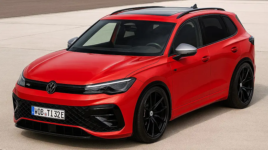 VW Tiguan R Erlkönig Blick von schräg vorne auf den KI-generierten VW Tiguan R.