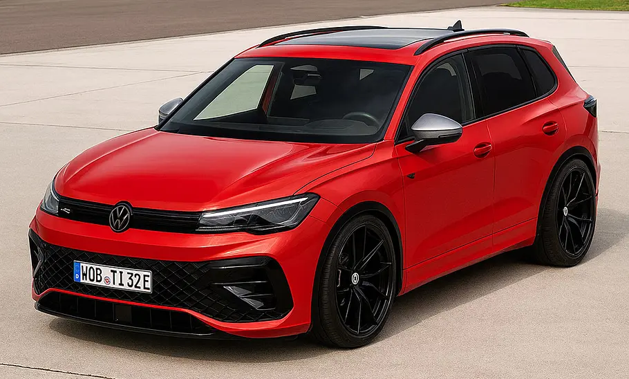 Blick von schräg vorne auf den KI-generierten VW Tiguan R.
