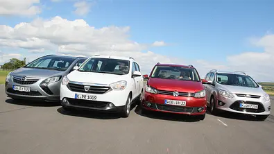 Vier Kompaktvans im Test: Dacia Lodgy, Ford Grand C-MAX, Opel Zafira Tourer und VW Touran