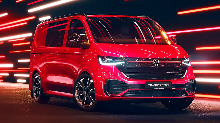 Blick von schräg vorne auf den VW Transporter Sportsline.