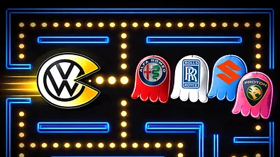 Darstellung der gescheiterten VW-Übernahmeversuche im Pac-Man-Stil - Foto: AUTO ZETUNG/KI-generiert