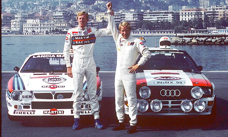 Walter Röhrl stehend am Lancia 037 (1983).