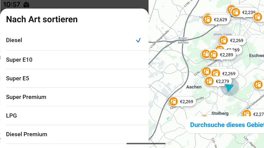 Screenshot von Waze mit Spritpreisen der Umgebung.