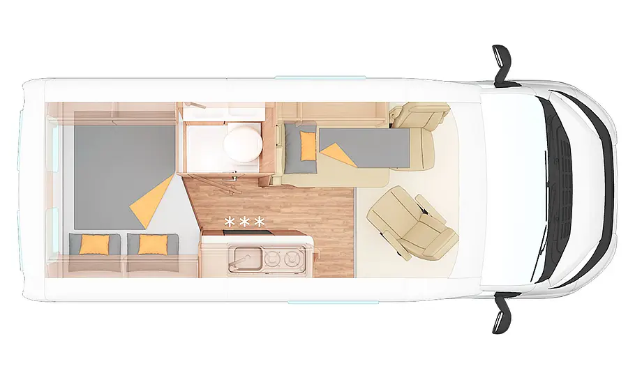 Weinsberg CaraBus Edition Fire 540 MQ (2025) Die Skizze zeigt den Grundriss des Weinsberg CaraBus Edition Fire 540 MQ (2025).