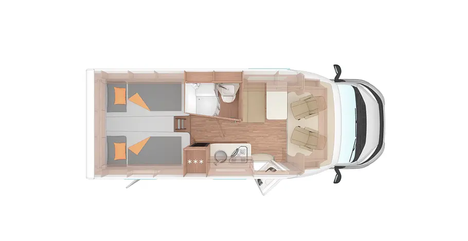 Weinsberg CaraSuite 650 MEG Spicy (2026). Die Zeichnung zeigt den Grundriss des Weinsberg CaraSuite 650 MEG Spicy (2026).