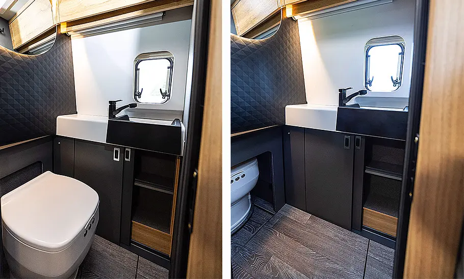 Weinsberg X-Pedition 600 MQ (2024) Weinsberg X-Pedition 600 MQ (2024); Innenansicht, Bad, links mit Toilette ausgezogen, rechts eingefahren