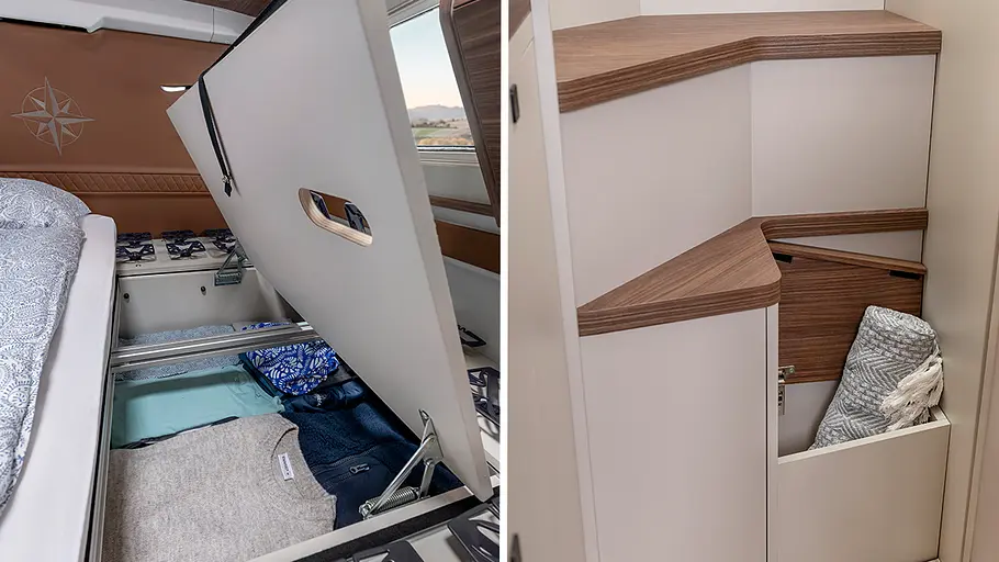 Westfalia Columbus Liner Die Collage zeigt links den Kleiderschrank unter dem Heckbett und rechts Stauraum in den Stufen zum Heckbett im Westfalia Columbus Liner.