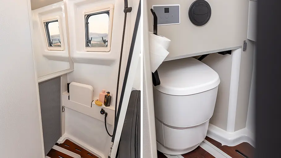 Westfalia Columbus Liner Die Collage zeigt das Badezimmer des Westfalia Columbus Liner. Links das Bad in der Totalen, rechts das herausziehbare WC in seiner Nische.