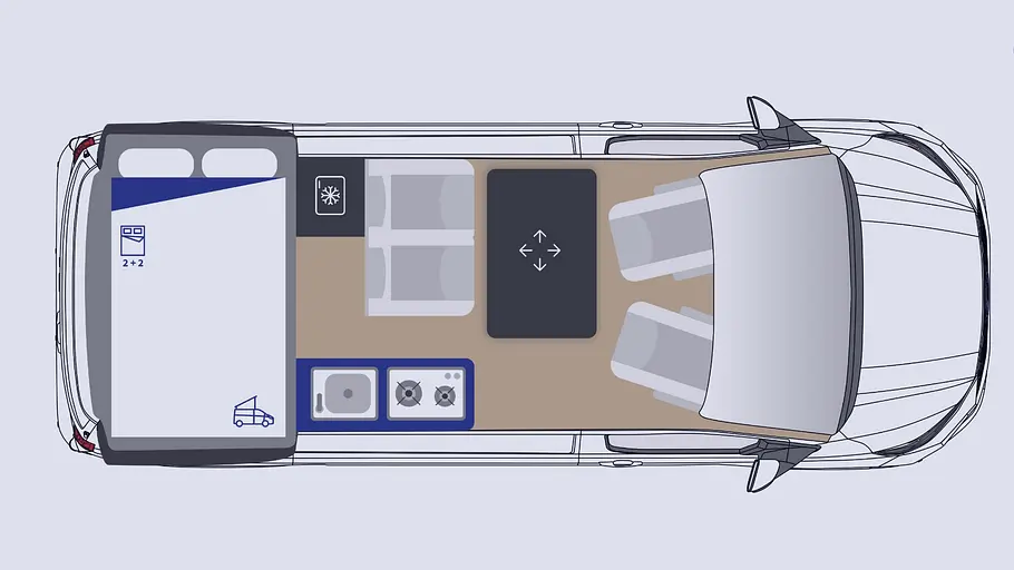 Westfalia Kipling Die Skizze zeigt den Grundriss des Westfalia Kipling.