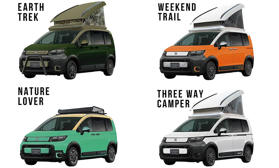 Das Bild zeigt vier Versionen des White House Style_iD (2025) auf Honda Freed Basis.