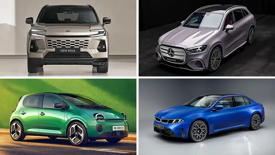 Wichtigste Neuheiten 2026 Eine Collage zeigt Toyota RAV4, Mercedes GLC EQ, Renault Twingo und BMW i3.