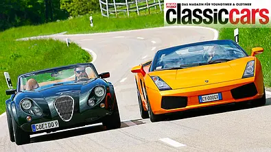 Der Wiesmann Roadster MF3 und der Lamborghini Gallardo Spyder fahrend von vorne fotografiert. - Foto: Frank Ratering