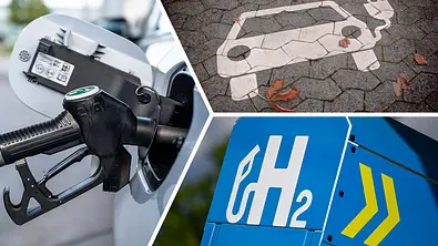 Eine Collage zeigt einen ins Auto eingesteckten Benzin- oder Dieselzapfhahn, einen Elektroauto-Parkplatz und die Beschriftung einer Wasserstoff-Zapfsäule. - Foto: Imago; Montage: AUTO ZEITUNG